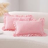 K MASANIJI 2 Pack Coral Pink Plaid Ruffle Gingham Throw Lumbar Pillow Shams, 100% Washed Cotton Linen Feel Checkered Pillow Covers Zipper Closure - 20''x12''