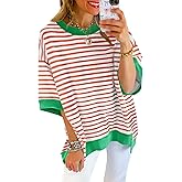 Tankaneo Womens Oversized T Shirts Striped Color Block Cotton Tops Summer Casual Half Sleeve Loose Fit Crewneck Sweatshirts