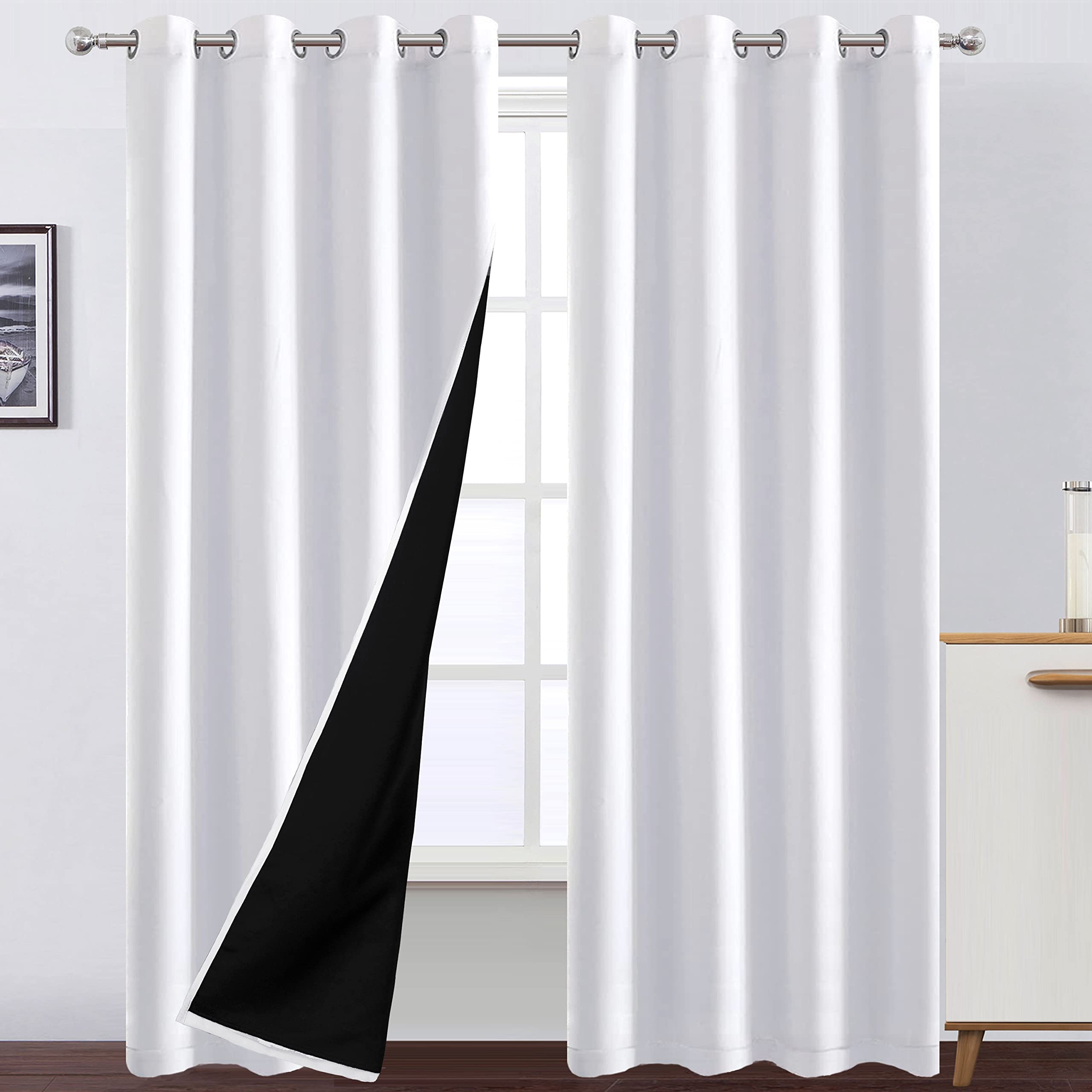 Photo 1 of LEMOMO 100% Blackout Curtains 52 x 95 Inch/White Curtains 2 Panels with Black Lining Room Darkening Thermal Insulated Bedroom Curtains