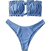 ZAFUL Women 2 Piece Strapless Bikini Swimsuits Ruffle Ribbed Self Tie Bandeau Bikini Set High Cut String Bathing Suits