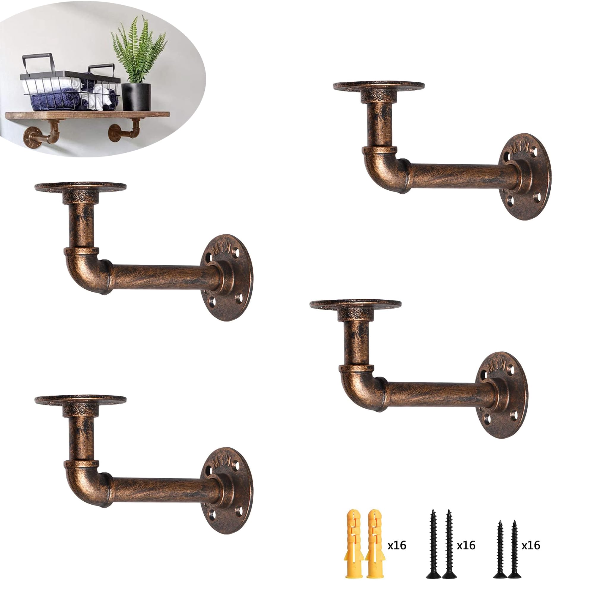 YKUKIZEE 4 Pack Industrial Pipe Shelf Brackets Copper Heavy Duty, Wall Mounted Antique Copper Pipe Shelf Bracket Tube, Floating Plumbing Shelves Bracket for Scaffolding Board Bookshelf 15 x 8 cm