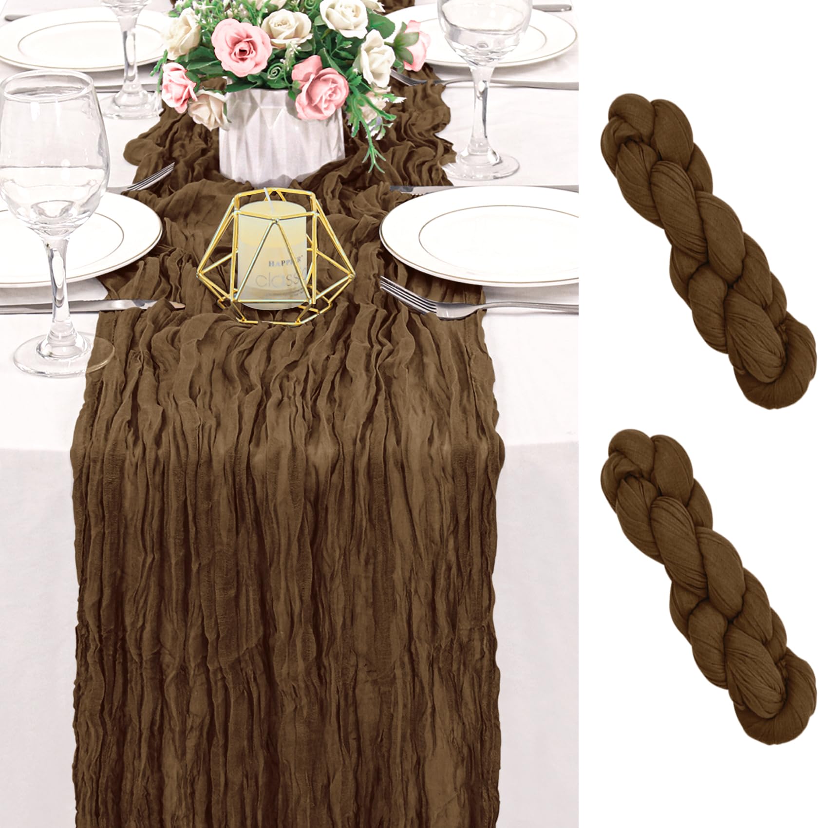 Photo 1 of 2 Pack 120 Inch Brown Cheesecloth Table Runner Boho Rustic Gauze Sheer Romantic 10 FT Long Cheese Cloth Table Runner for Bridal Baby Shower Wedding Party Birthday Holiday Home Easter Decor