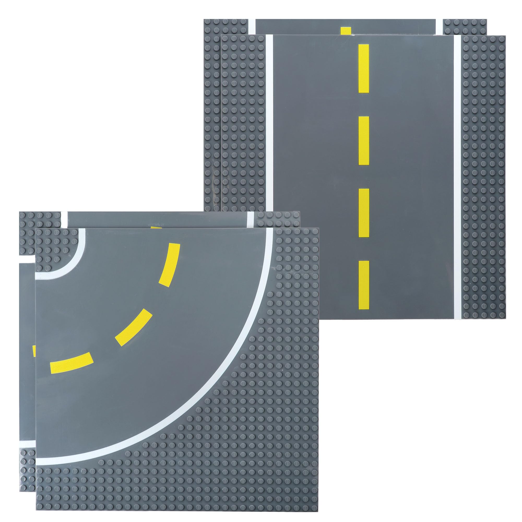 Strictly Briks Premium 25x25cm Gray Straight and Curved Road Base Plate - Set of 4 Stackable Baseplates - Compatible with LEGO Blocks, Compatible with LEGO Base Plates