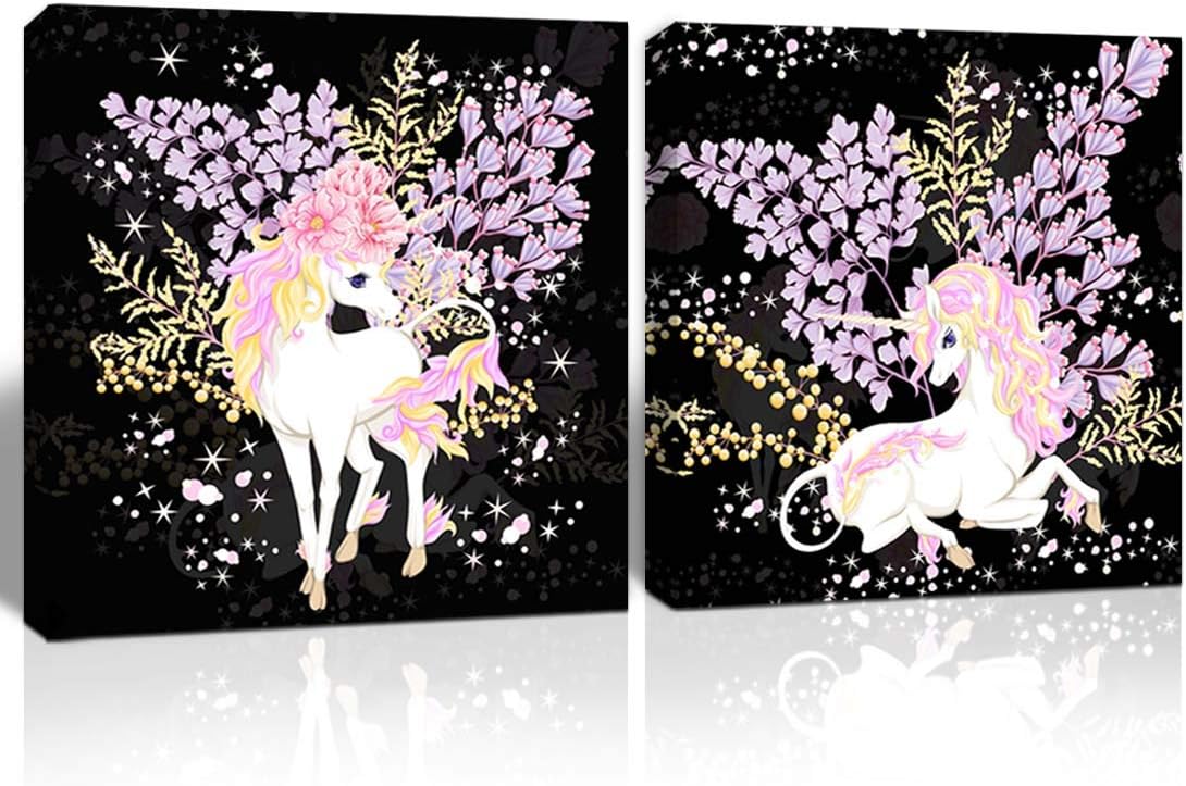 Gardenia Art Unicorn and fantsatic Flowers and Glitter Canvas Wall Art Home Decorations for Bedroom Living Room Bathroom Wall Decor Framed 16x16 in 2 PCS.