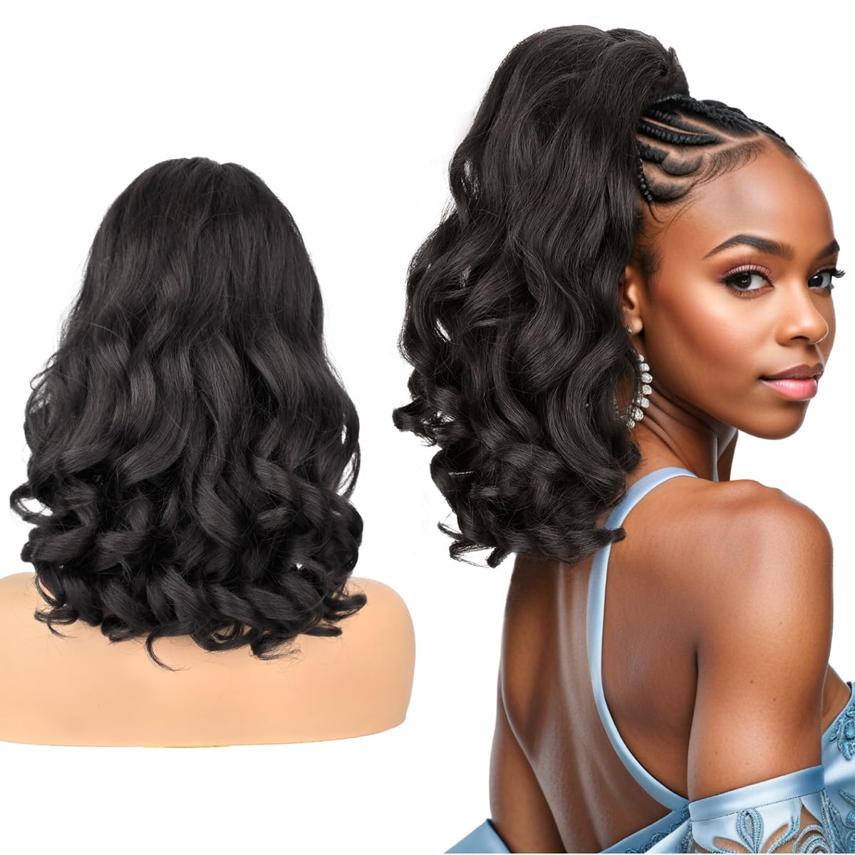 Allreetress Ponytail Extension,16" Kinky Straight Ponytail Drawstring Ponytail for Black Women Yaki Straight with Curly Ends Synthetic Hairpiece Hair Extension Pony Tails for Women(Natural Black)