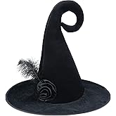 Malaxlx Witch Hat for Women – Velvet Curly Pointed Wizard Hat with Feather & Rose for Halloween Cosplay Party