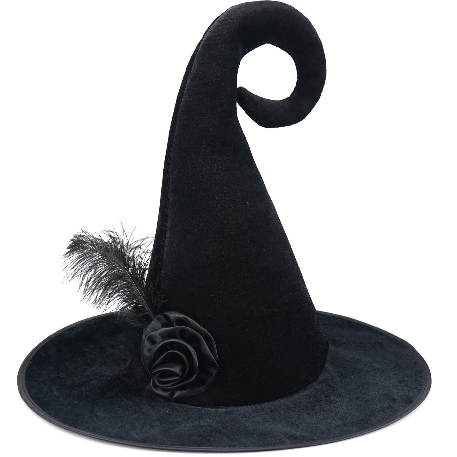 Malaxlx Witch Hat for Women – Velvet Curly Pointed Wizard Hat with Feather & Rose for Halloween Cosplay Party