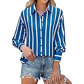 siliteelon Button Down Shirts for Women Striped Long Sleeve Oversized Boyfriend Blouses Collared Work Drop Shoulder Tops