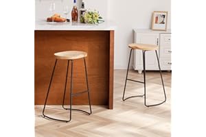 HeuGah Bar Stools, Solid Wood Barstools Set of 2, 30" Bar Height Bar Stools with Metal Leg,Rustic Backless Bar Stools for Kitchen Island,Bar Chairs with Solid Wood Saddle Seat (Burlywood, 30 Inch)