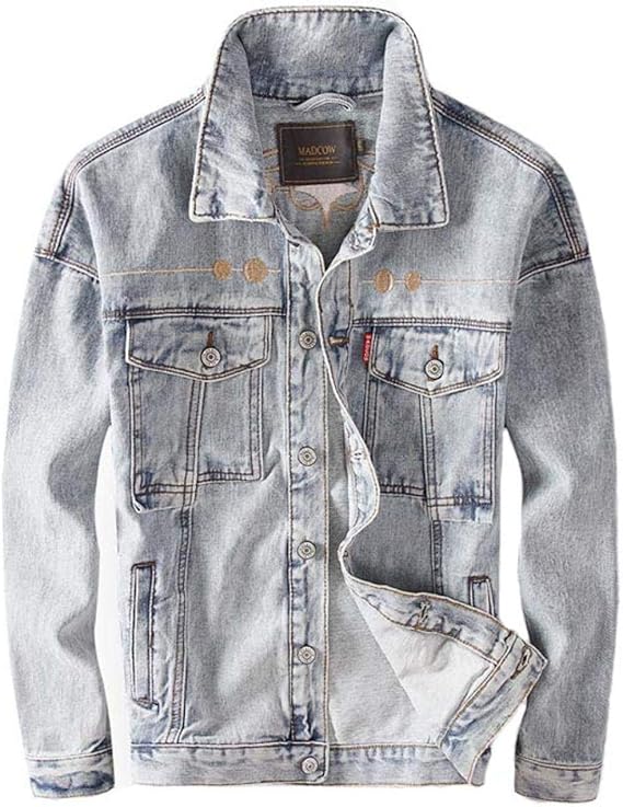 Men Embroidery Casual Denim Jackets Coats Solid Color Washed Jeans