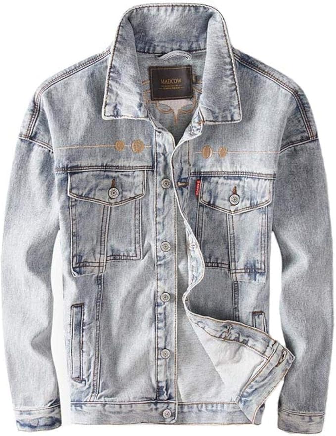 Men embroidery casual denim jackets coats solid color washed jeans