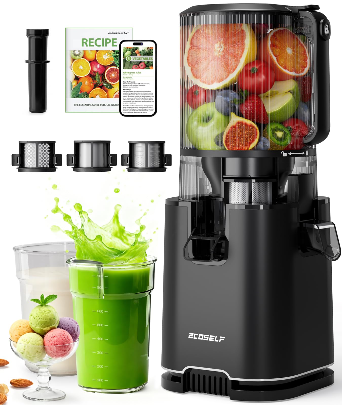 Photo 1 of ECOSELF Cold Press Juicer with 3 Filters (For Juice/Sorbet/Nut Milk), Juicer Machines With 6.0" Wide Mouth Hopper, Self Feeding & Hands-Free Design, Juicer for Family Gathering Party, With Pusher