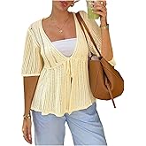 Verdusa Women's Plus Size Hollow Out Tie Knot Cardigan V Neck Half Sleeve Lightweight Knit Sweaters