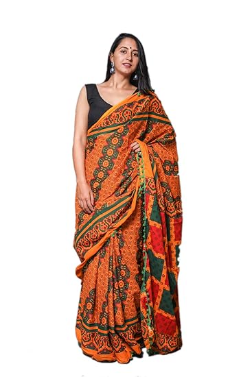 Womens Hand Block Jaipuri Print Cotton Mulmul Saree with Blouse (Orange)