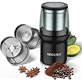 Secura Electric Coffee Grinder, Press Control Spice Grinder for Coffee Bean Seeds Herbs with 2 Stainless Steel Blades Removab