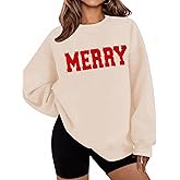 LETSEE Merry Sweatshirts for Women Christmas Chenille Patch Sequin Crewneck Sweaters Fleece Xmas Holiday Top