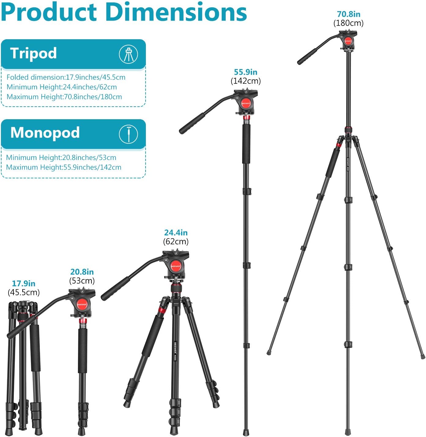 Neewer 2-in-1 Aluminum Alloy Camera Tripod Monopod 70.8inches/180cm with 1/4 and 3/8 inch Screws Fluid Drag Pan Head and Carry Bag for Nikon Canon DSLR Cameras Video Camcorders Load up to 26.5 pounds : Camera & Photo