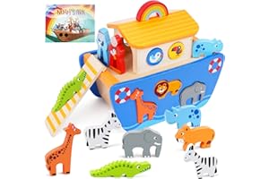 KMTJT Toddlers Wooden Noah's Ark Toy Animal Playset, Baptism Gifts for 1 2 3 Boys Girls, Shape Sorter Early Learning Montessori Toys with Bible Story Book for 12 18 24 Months Babies