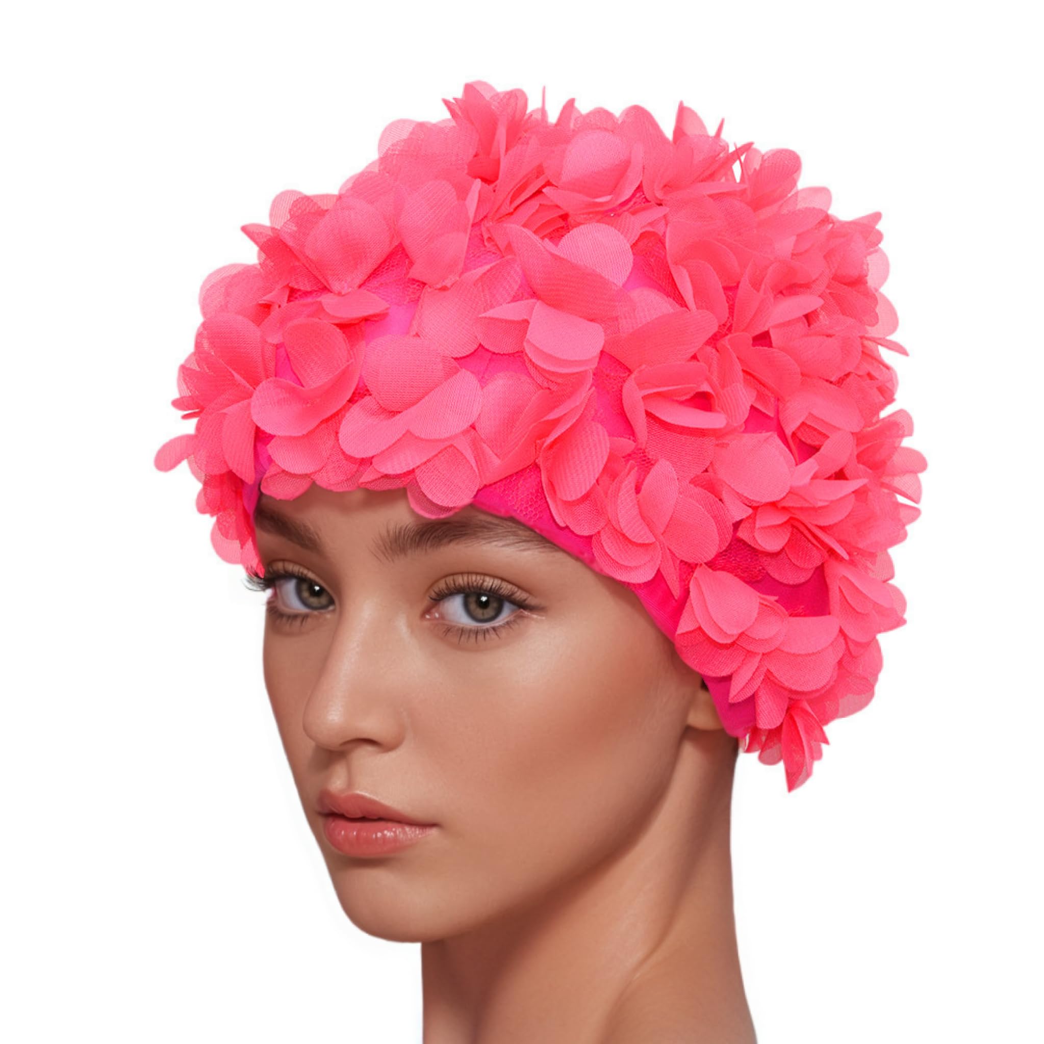 Medifier Lace Vintage Swim cap Floral Petal Retro Style Bathing Caps for Women (Rose Red)