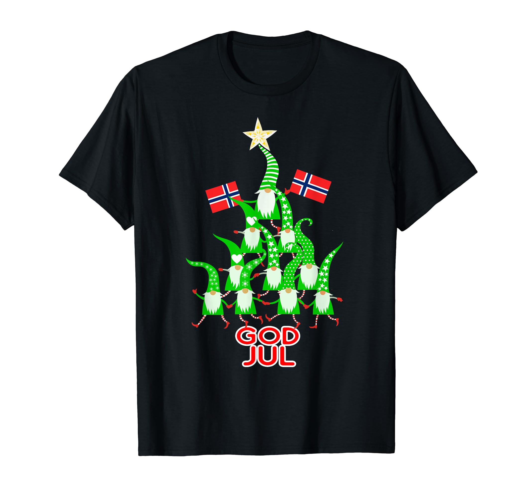 God Jul Christmas Tree Tomte Nisse Gnome Elf Norwegian Flag T-Shirt