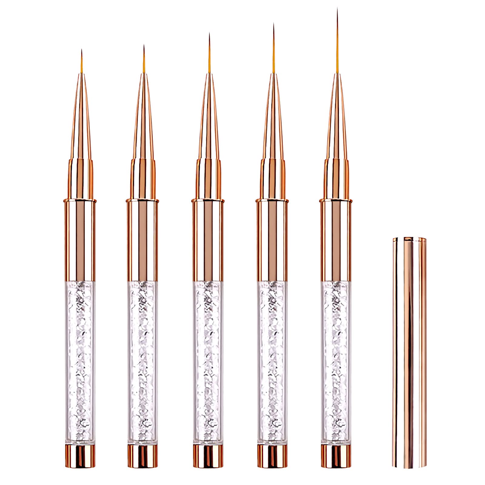 5PCS Nail Art Liner Brushes Long Set with Lid and Diamand Handle 7/9/11/15/20mm, LEA-SHALL Fine Detail Painting Cap Pens Kit Thin Acrylic Line Brush Tools for DIY Professional Design Rose Gold — image 1
