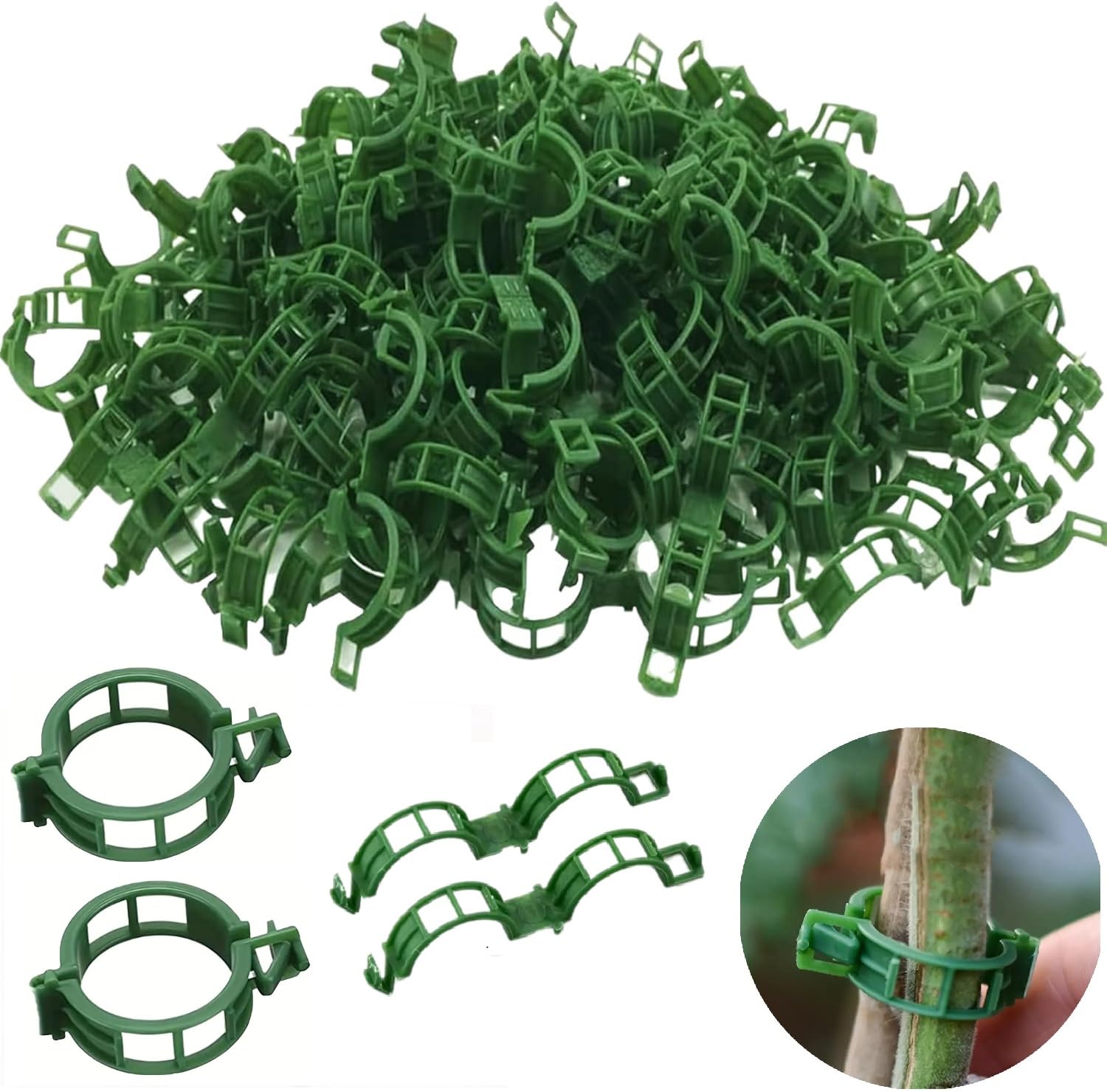 SANHIGHEND 100/200 PCS Plant Support Clips,Plant Fixing Clips for Climbing Plants,Plant Clips for Tomato Plant Support & Garden Vegetables, Support Growing,Reusable Garden Clips (100, Green-A)