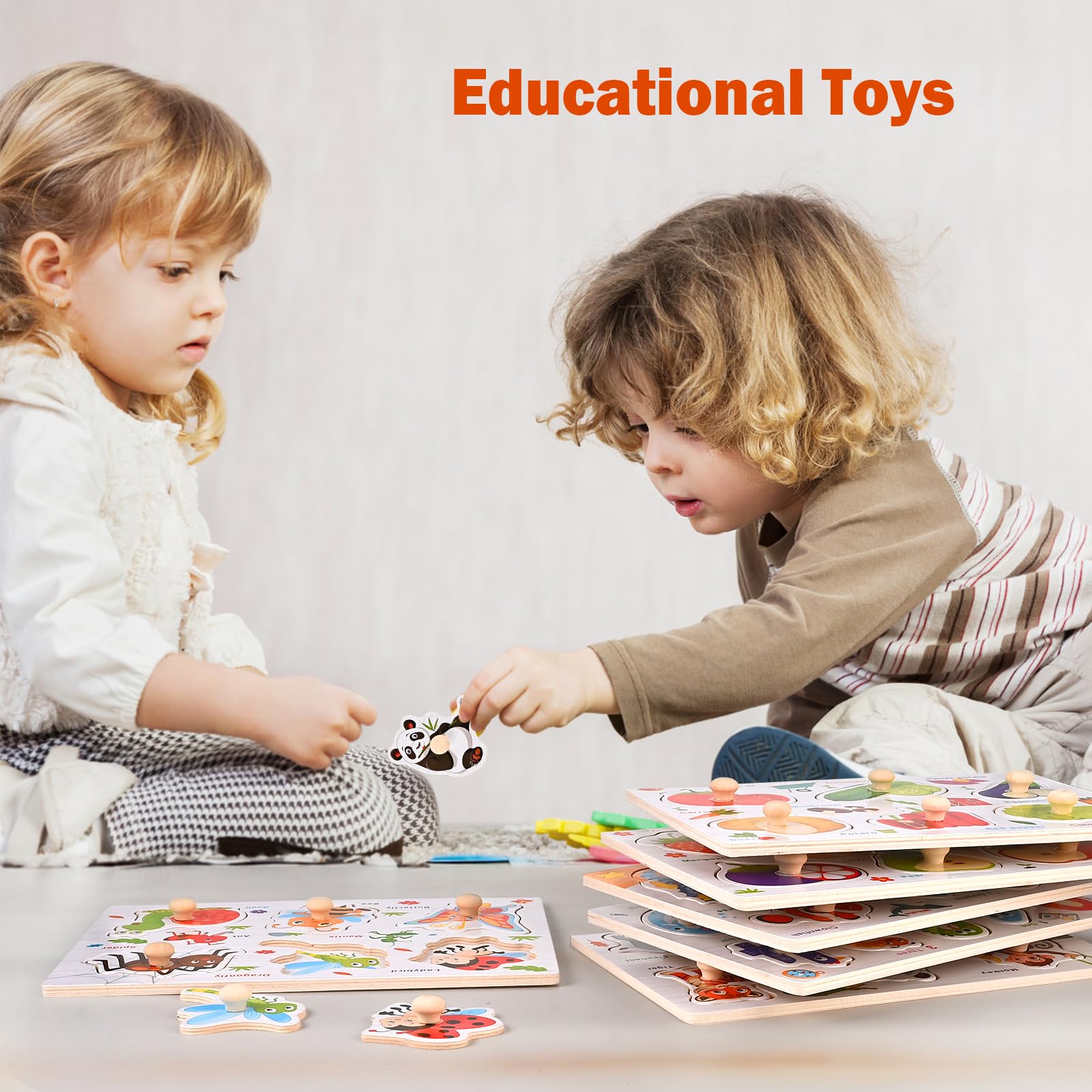 Wooderma Wooden Peg Puzzles for Toddlers 1-3, 6 PCS Puzzles for Kids, Montessori Toddler Numbers, Vegetables, Fruits, Insects, Sea and Animals Puzzles, Great Preschool Gifts for Girls and Boys