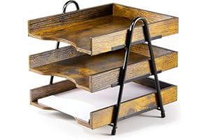 HOYRR Wood Desk Organizer, Wood Letter Tray Organizer, 3-Tier Wood Paper Tray, Rustic Desk File Tray for School Office Supplies Documents Workspace Organizer