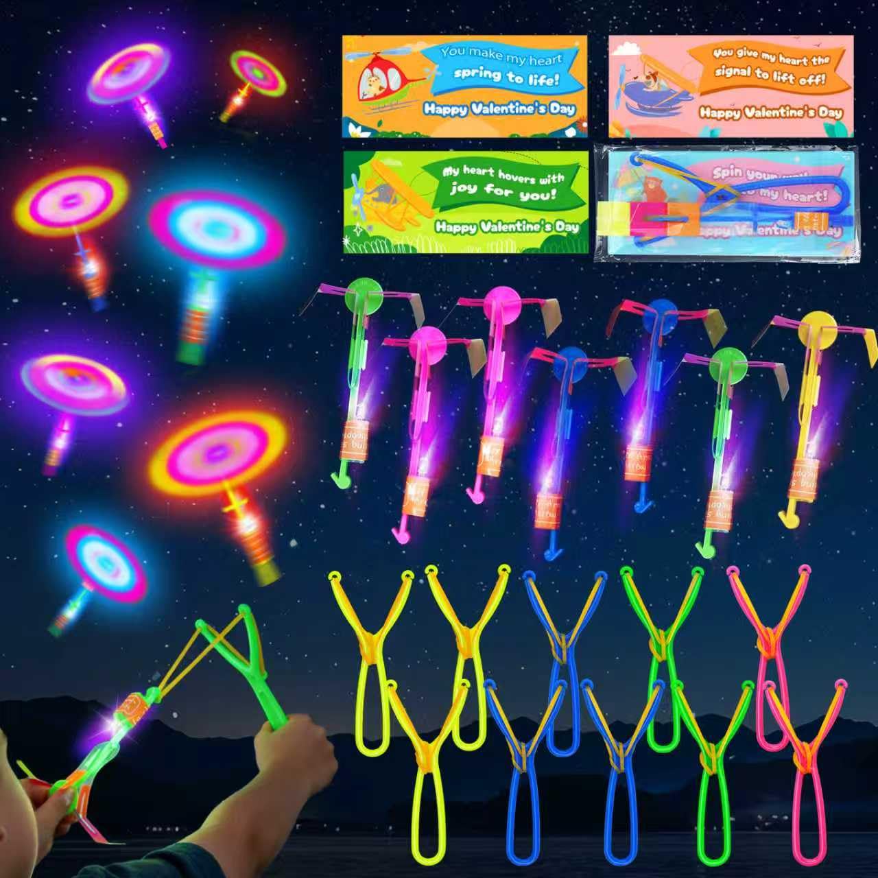Photo 1 of 27 PCS LED Flying Toys Valentines Day Cards for Kids School Valentine Cards for Kids Classroom Exchange Gifts for Toddler Boys Girls Glow Helicopter Slingshot Bulk Goodie Bags Stuffers Party Favors