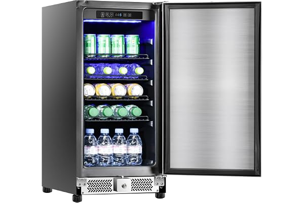 Advanics 15 inch Outdoor Beverage Refrigerator,Under Counter fridge, 120 Cans Outdoor Wine Cooler with Stainless Steel Finish for Beer, Soda, Freestanding Small Drink Cooler 3.2 Cuft Blue Led Light