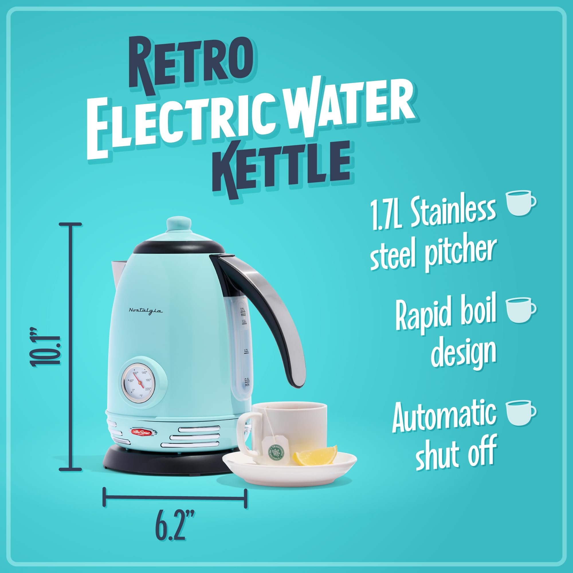 Hervidor eléctrico de té y agua Nostalgia Retro de acero inoxidable, 1,7 litros, apagado automático y protección contra ebullición en seco, ventana indicadora de nivel de agua, Aqua