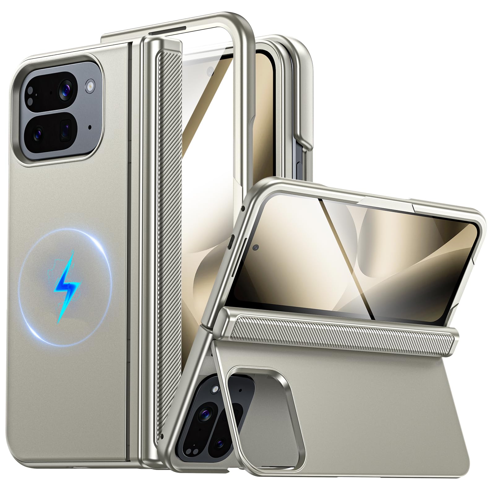 CENMASO Magnetic for Google Pixel 10 Pro Fold Case with Kickstand, Hinge Protection, Hidden Kickstand, Screen Protector, Slim Shockproof Phone Case for Pixel 10 Pro Fold (Natural Titanium)