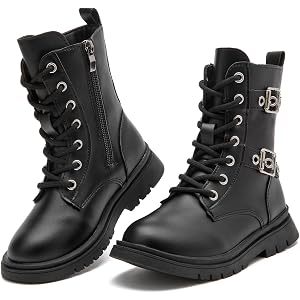 DADAWEN Boys Girls Waterproof Mid Calf Combat Boots Fashion Buckle Side Zipper Lace Up Ankle Booties for Toddler/Little Kid/B
