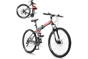 CamPingSurvivals 24/26/27.5 Inch Foldable Bikes for Adults 21 Speed Mountain Bike, Adult Bicycle with High Carbon Steel Frame, Full Suspension, Dual Disc Brake & Adjustable Ergonomic Seat(Black/Red)