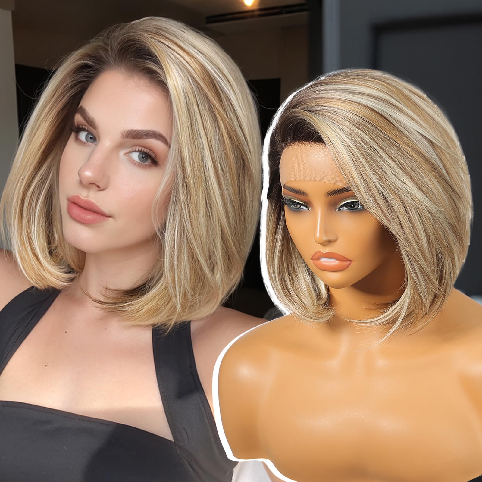 Photo 1 of KOME Ash Blonde Synthetic Lace Front Wig,Side Part Short Straight Glueless Bob Wig for White Women Daily Use 12IN (#TT891A)