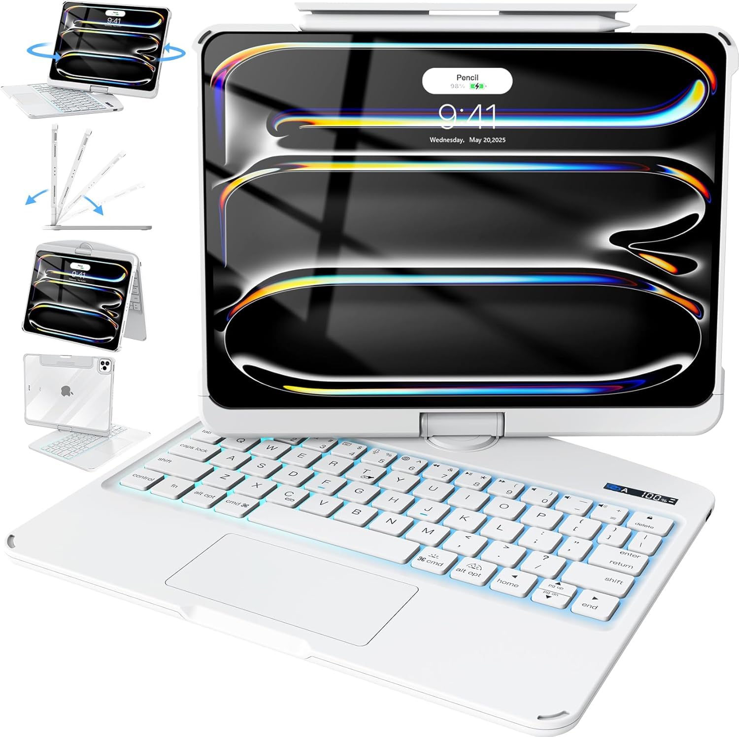 Photo 1 of Intermerge for iPad Pro 13(M4,2024) Case with Keyboard Clear,360° Rotatable Multi-Touch Trackpad,7-Color Backlit Magnetic Keyboard Case with Pencil Holder and Type-C Charging - White