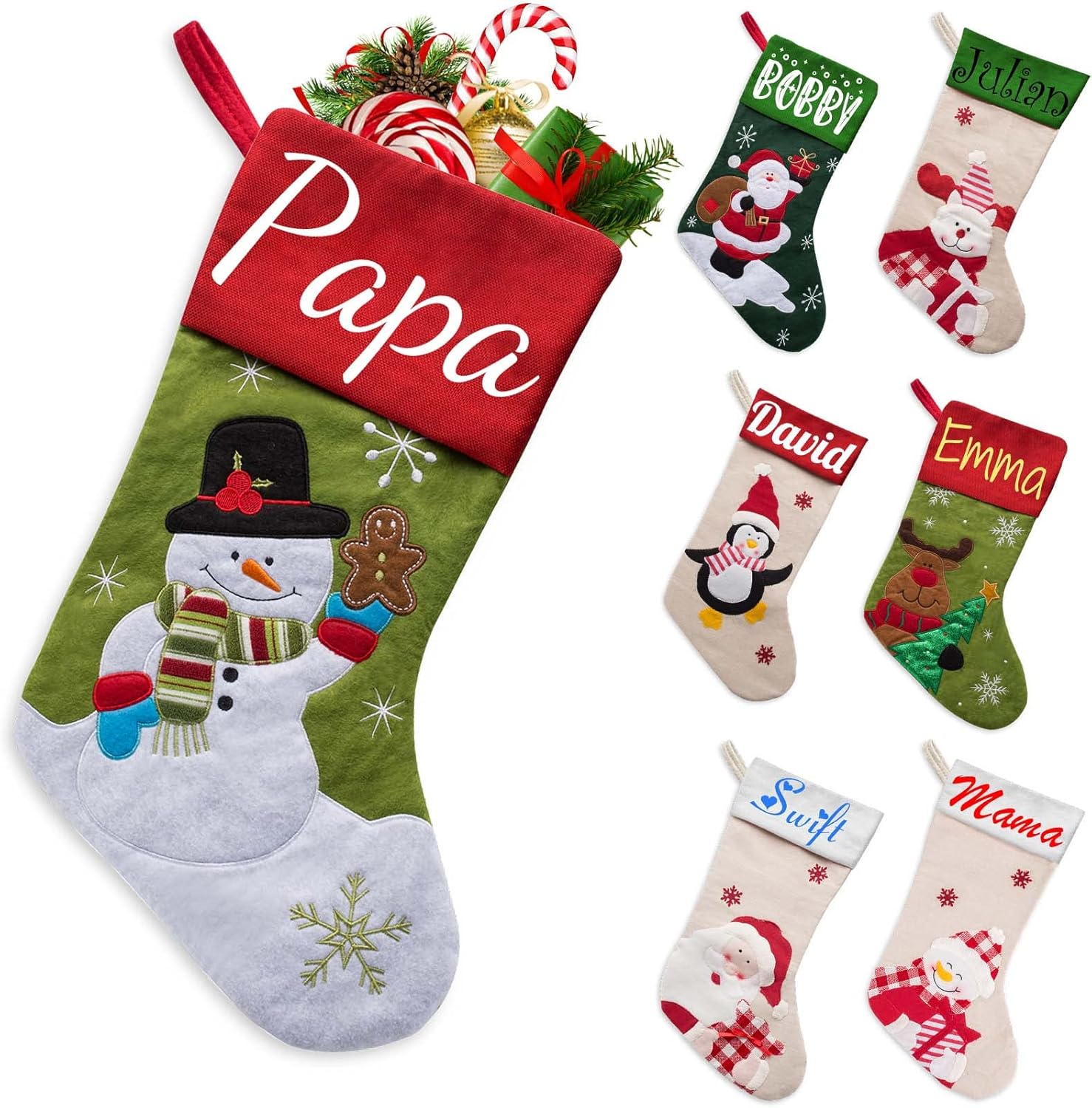 Stockings & Holders - Xsersao Christmas Stockings Personalized Set of 1 2 3 4 7 Family Custom Name Christmas Stocking Customized Xmas Gift for Kid Dad, Mom (Santa, Penguin, Snowman, Reindeer)