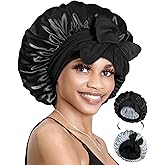 BONNET QUEEN Silk Bonnet for Sleeping Satin Bonnet with Tie Hair Wrap Double Layer Sleep Cap for Women Curly Hair, Black Silver