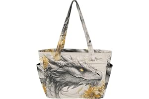 XYMZR Dragon Flower Quilted Tote Bag for Women, Lightweight Shoulder Handbag with Laptop Sleeve and Pockets, Luggage Strap fo