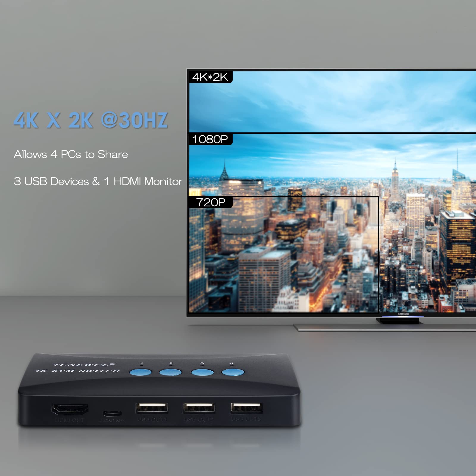 TCNEWCL KVM Switch 4 Port, HDMI KVM Switcher 4Kx2K@30Hz for 4 Computers Sharing 1 HD Monitor and 3 USB Devices Keyboard Mouse Printer,Including 4*KVM Cables &1* Wire Desktop Controller