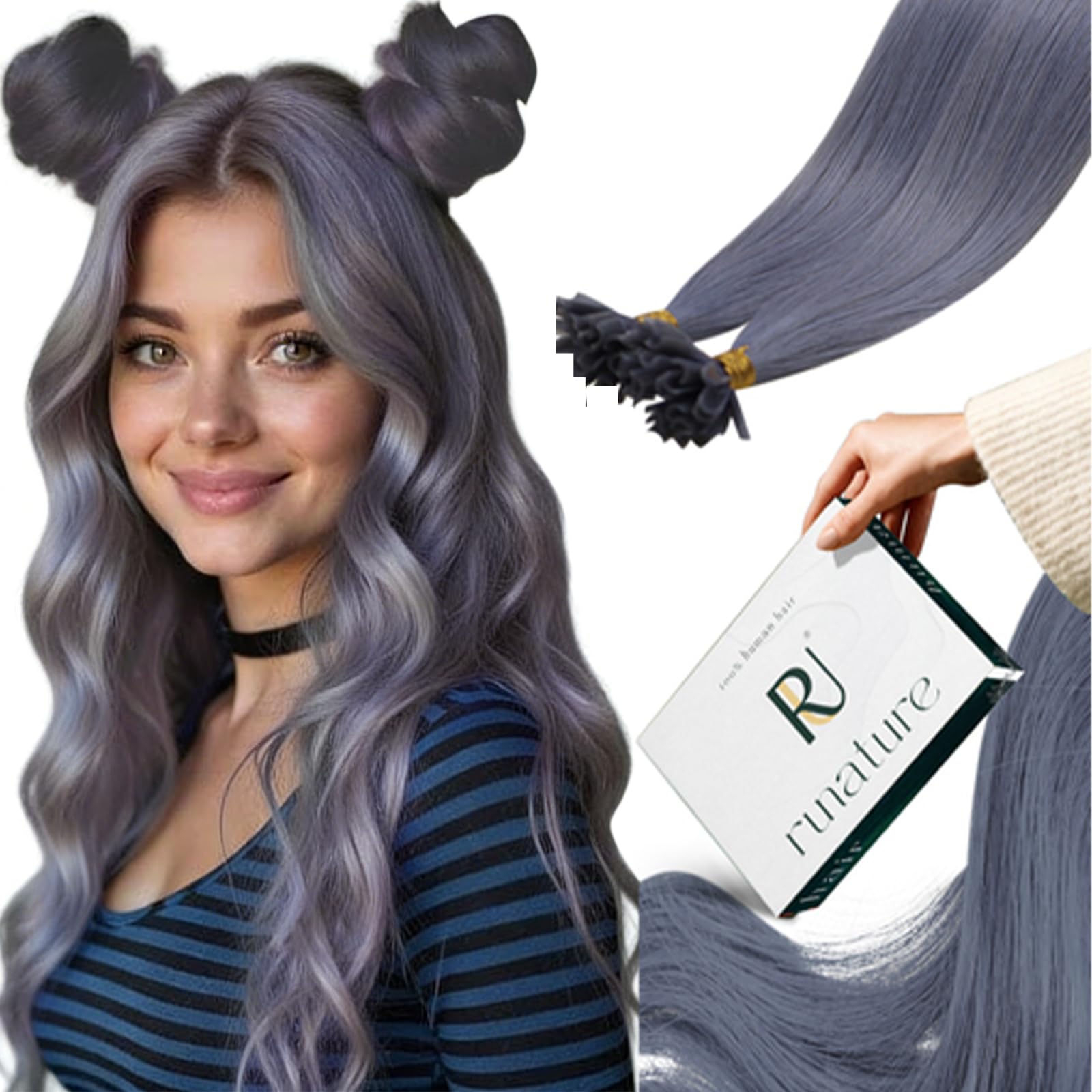 RUNATURE U Tip Human Hair Extensions Blue Keratin Utips Hair Extensions Human Hair Light Blue PreBonded Hair Extensions Real Hair 18 Inch 25g 25 Strands — image 1