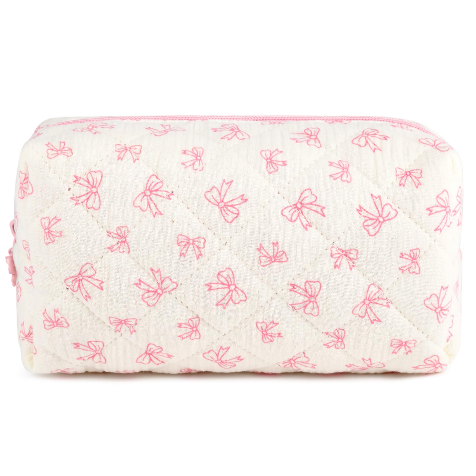 Photo 1 of SOIDRAM Floral Makeup Bag Quilted Cosmetic Bag Cute Makeup Pouch Coquette Makeup Bag Aesthetic Travel toiletry bag Organizer Cotton Makeup Brushes Storage Bag for Women (Coquette Bow -M)