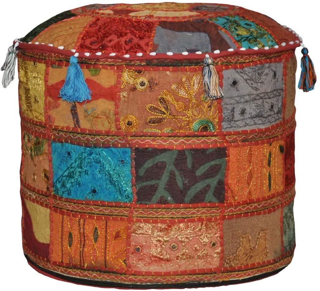 Sophia Art Indian Embroidered Patchwork Cover Indian Decorative Pouf Indian Comfortable Floor Cotton Cushion Ottoman Pouf,Indian Designs Ethnic Patchwork Pouf (Alteration, 18"x13")