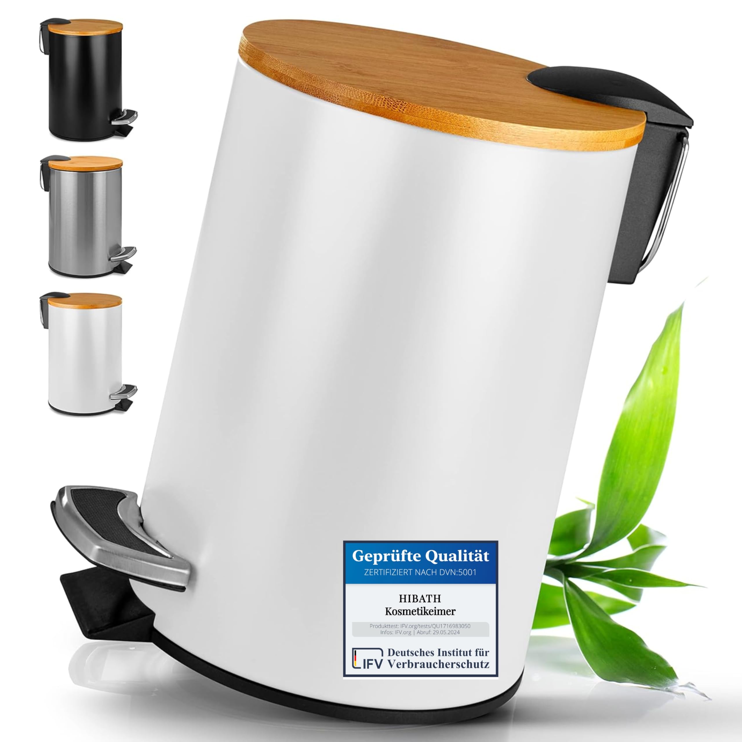 HIBATH Cosmetic Bin Made of Stainless Steel with Bamboo Lid (3 Litres, White) - Bathroom Waste Bin with Soft-Close Mechanism - Practical Rubbish Bin - Toilet Pedal Bin