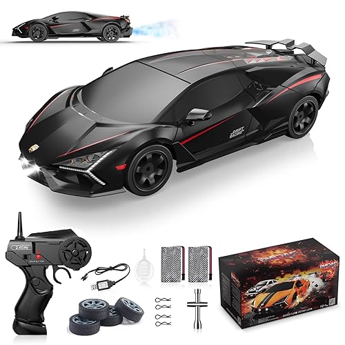 Remote Control Car RC Drift Car 1:16 Scale 4WD 18KM/H High Speed Model Vehicle 2.4GHz with LED Lights Spray Rubber Tire Racing Sport Toy for Adults Boys Girls Kids Gift 2Pcs Rechargeable Batteries