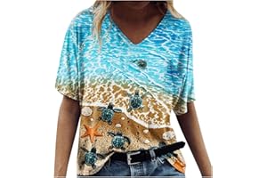 YSLMNOR Sea Turtle Printed Tops for Womens Summer Casual T Shirt Short Sleeve V Neck Blouses Loose Tunic