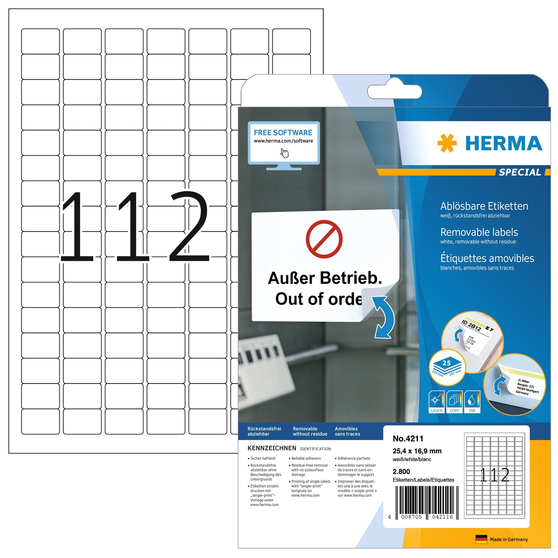 HERMA Self Adhesive Removable Labels, 112 Labels per A4 Sheet, 25 Sheets, 25.4 x 16.9 mm, 2800 Labels, Blank Multipurpose Labels Stickers, Sticky Labels for Laser & Inkjet Printer, White