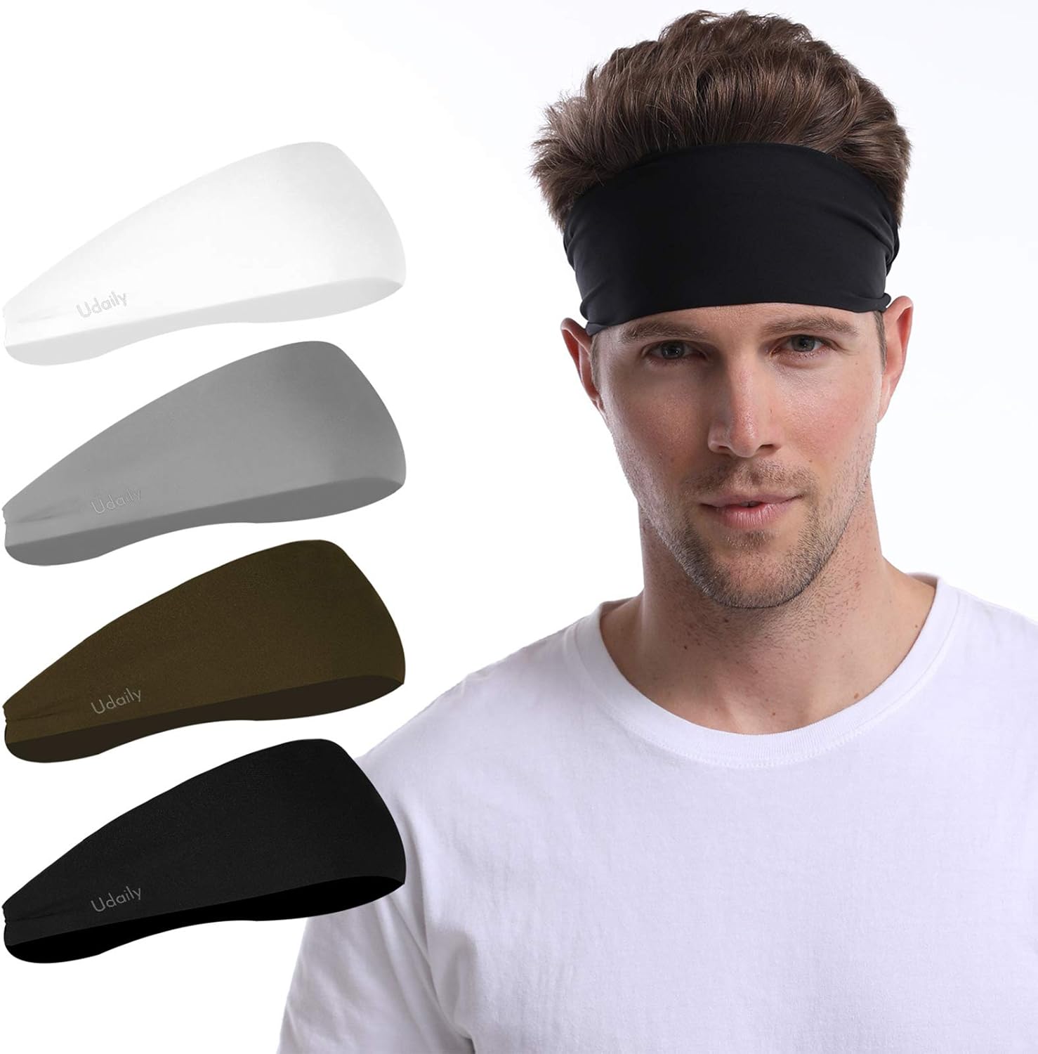 Udaily 4 Pack Mens Headband, Sports Headbands for Men and Women, Mens Sweatband for Workout, Running, Hiking, Yoga, Basketball, Cycling, Elastic Sweat Wicking, Non Slip, Helmet Friendly Hairband: Clothing
