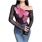 Floerns Women's Floral Off The Shoulder Tops Long Sleeve T Shirts See Through Going Out Tops