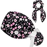 Scrub Caps Women with Button,Adjustable Surgical Caps with Ponytail Pouch,Working Cap with Bow Hair Scrunchy